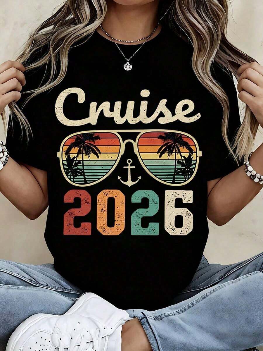 Camiseta con estampado de ancla y palmera de Cruise 2026 Vintage Sunglasses para mujer, conjunto casual de verano, ropa de playa, vacaciones, viajes - Estilo vintage urbano, unisex, holgada, de algodón, manga corta, cuello redondo, 100% algodón. - Negro - Ver 1