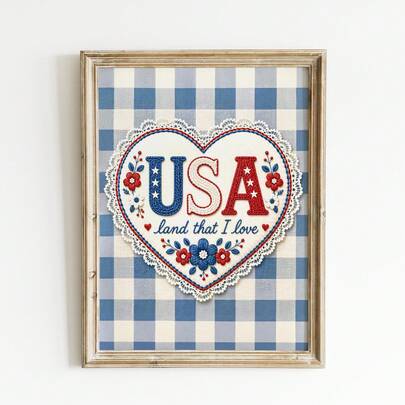 1 pezzo Stampa artistica da parete senza cornice "America, la terra che amo", decorazione vintage americana, punto croce patriottico a forma di cuore, stile fattoria, stampa per il 4 luglio, estetica per appartamento, soggiorno, camera da letto, ritorno a scuola, poster funky, essenziali per dormitorio