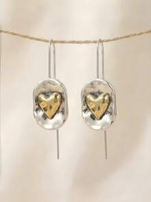 Two-Tone Heart Drop Earrings For Women Mixed Metal Gold And Silver Plated Oval Dangle Earrings Vintage Long Wire Hook Geometric Statement Jewelry - Silver - View 2