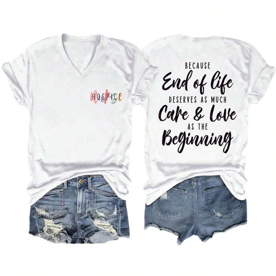 Camiseta de manga corta con cuello en V para mujer, elegante, casual y a la moda, de la marca europea y americana Independent Site. - Blanco - Ver 1