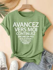 Camiseta de Mujer AVANCEZ VERS MOI Estilo Francés - Top Vintage Desgastado de Cuello Redondo Suave con Estampado de Texto Francés, Blusa de Manga Corta para Primavera Verano, Adecuada para Gimnasio, Entrenamiento y Uso Diario, Lavable aáquina, No un Atuendo Juvenil - Verde - Ver 6