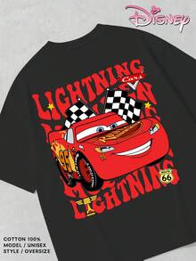Women's Pure Cotton T-Shirts, Disney Cars Lightning McQueen Themed Print, Double-Print Design On The Front And Back, Cool American Style, Suitable For Theme Park Outfits, Casual Street Style, And Individualistic Outings. - màu đen - Xem 3