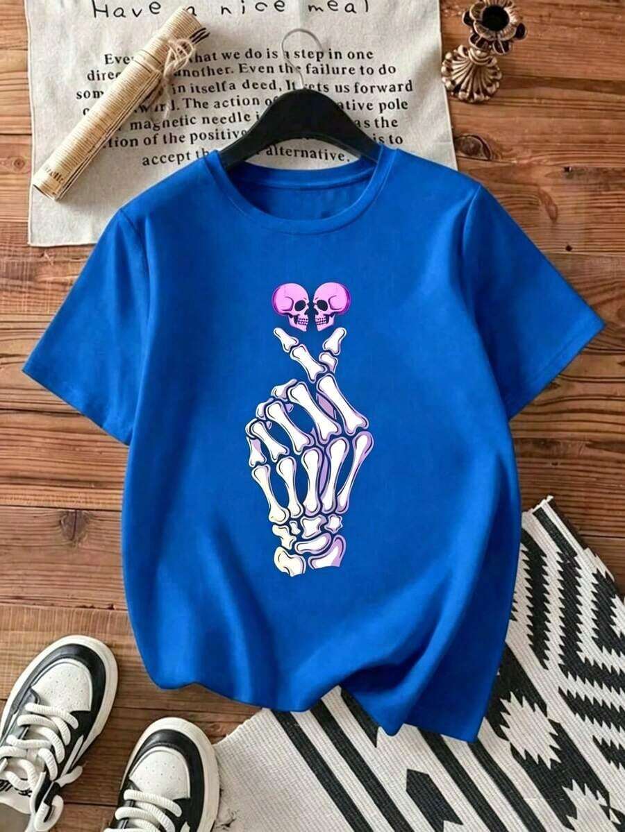 Women's Black T-Shirt With Neon Pink Skeleton Hand Graphic, Casual Short Sleeve Rock And Gothic Aesthetic Style Tee, Modern Cotton Top With Rebel Gesture Design, Youth Blouse For Concerts And Alternative Streetwear Outfits (Pure-Cotton) - 藍色 - 查看 1