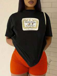 Comfortable. The Print Features A Fun, Inspirational Phrase That Combines Humor, Confidence, And Positive Energy, Conveying The Idea That Anything Is Possible With A Cheerful And Determined Attitude. Women's 100% Cotton Casual T-Shirt, Comfortable For Everyday Wear. Fashionable All-Match Women's Short-Sleeve T-Shirt, Basic Style For Inner And Outerwear. - 黑色 - 查看 3