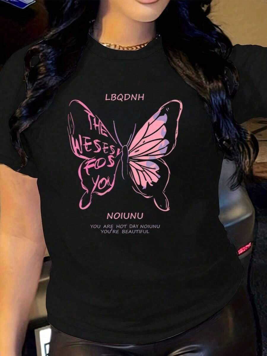 Under The RadarSLOY Camiseta Larga Casual con Estampado de Mariposas para Mujer - Suéter de Punto de Verano con Cuello Redondo y Mangas Cortas, Top Holgado - Camiseta de Manga Corta con Cuello Redondo de Algodón Holgado Estilo Vintage Urbano Unisex - Negro - Ver 1