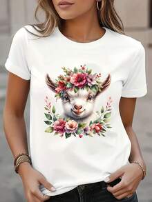 Women's T-Shirt Casual Summer T-Shirt For Women With Baby Goat Print, Round Neck, Short Sleeve, Polyester Blend, Summer Clothes, Casual Style, Comfortable Fit. - 白色 - 查看 1