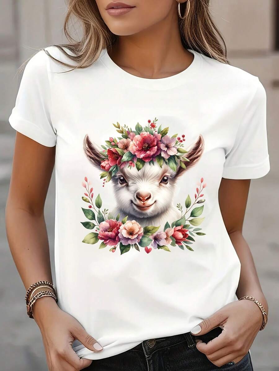 Women's T-Shirt Casual Summer T-Shirt For Women With Baby Goat Print, Round Neck, Short Sleeve, Polyester Blend, Summer Clothes, Casual Style, Comfortable Fit. - 白色 - 查看 1