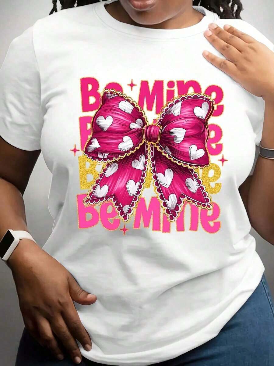 100% algodón, camiseta de mujer "Be Mine" con lazo rosa, corazones y texto, para el Día de San Valentín, ropa casual para fiestas. - Blanco - Ver 1