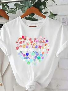 Camiseta con diseño de "Corazón Flor" inspirada en la neurodiversidad, con un estampado inclusivo y cálido - Camiseta casual de manga corta con cuello redondo para mujer, de poliéster suave, corte holgado, un esencial de moda para primavera/verano - alta calidad - Blanco - Ver 1