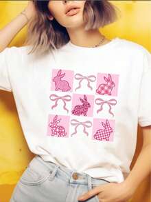 Camiseta de Algodón Blanco Premium para Mujer - Diseño de Conejito de Pascua Rosa y Lazo, Ecológica - Blanco - Ver 1