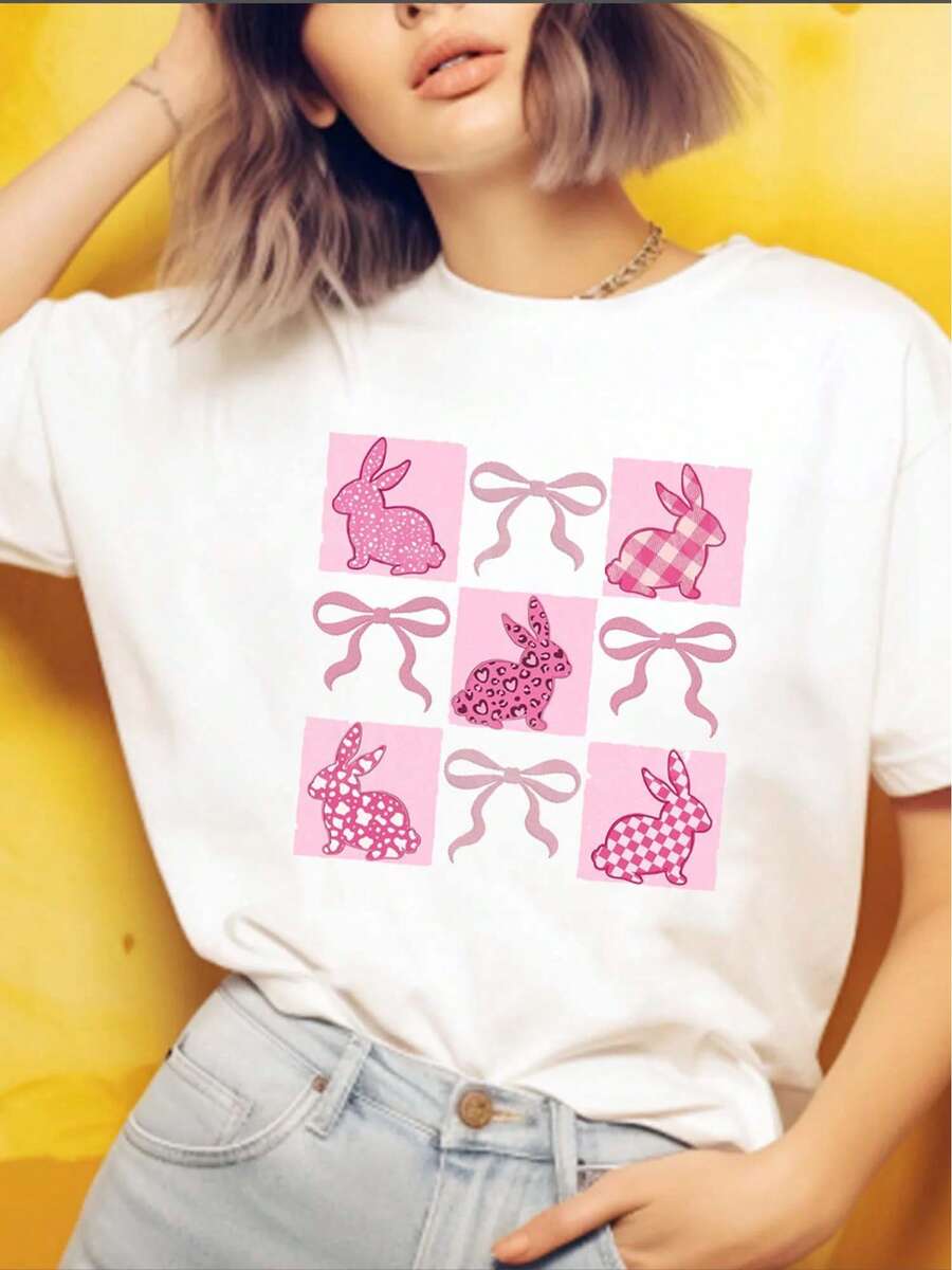 Camiseta de Algodón Blanco Premium para Mujer - Diseño de Conejito de Pascua Rosa y Lazo, Ecológica - Blanco - Ver 1