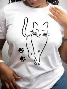 Camiseta Casual de Mujer 100% Algodón con Estampado de Gato - Diseño de Líneas Blancas Simples, Cuello Redondo, Elasticidad Media, Lavable a Máquina, Apta para Todas las Temporadas, Un Regalo para Amantes de los Gatos, Camiseta de Manga Corta Sencilla, Elegante y Cómoda. Camiseta de algodón transpirable, ropa de verano fresca y versátil para mujer - Blanco - Ver 6