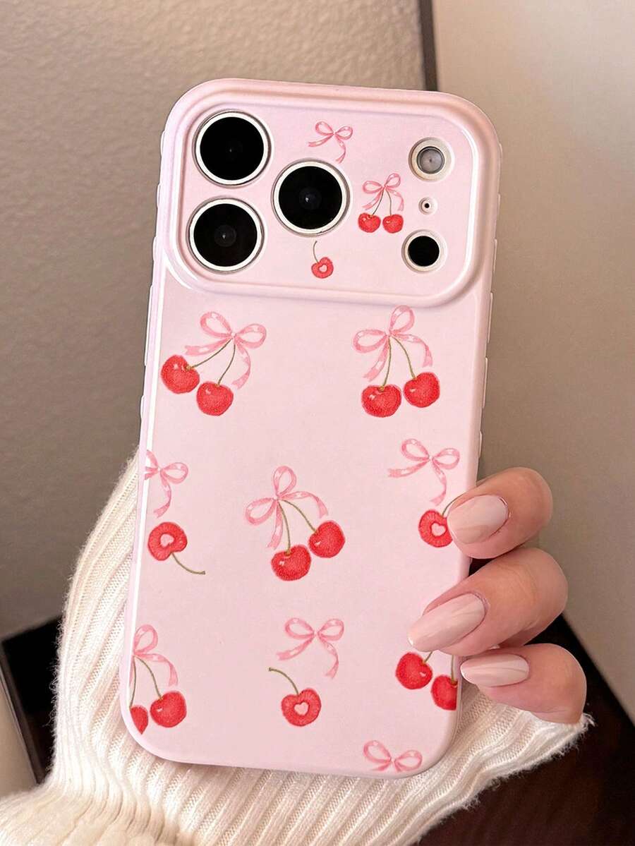 1个甜美少女粉色ins风水果樱桃手机壳，兼容苹果17寸、16寸、15寸Pro、14寸手机，全覆盖摄像头镜头，13/12/11寸防摔智能手机保护套 - 粉色 - 查看 1