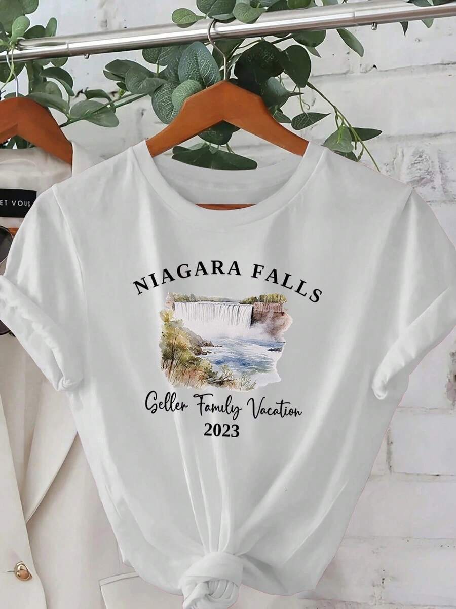 Limited Time Offer, Limited Quantities, Flash ! Women's Casual Shirts, Women's Polyester T-Shirts, Stylish Shirts. Women's Niagara Falls Graphic Tee - Casual Crew Neck, Short Sleeves, Lightweight Polyester, Machine Washable - Ideal For Spring And Summer Outings, Outdoor Adventures | Casual Style | Graphic Print - 白色 - 查看 1