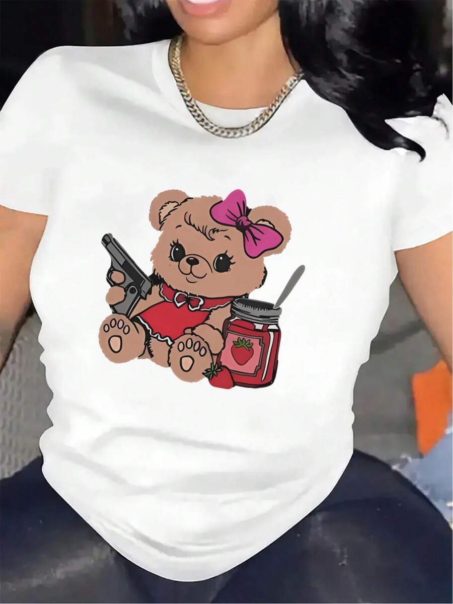 Camiseta Casual para Mujer con Estampado de Oso - Top de manga corta a la moda con lazo y estampado de fresas. - Blanco - Ver 1