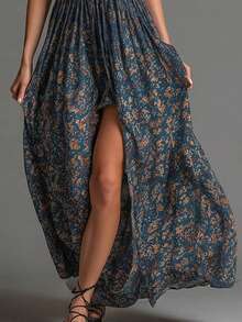 Vestido nuevo de verano para mujer, estilo bohemio, sin mangas, estampado, escote en V profundo, con abertura, diseño favorecedor, fresco, perfecto para vacaciones, playa, festivales y citas - lago azul - Ver 3