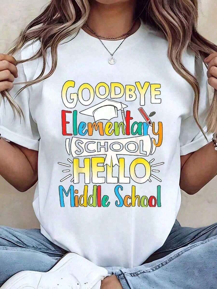 1 pieza Camiseta de Mujer con Estampado Gráfico "Adiós Escuela Primaria, Hola Escuela Secundaria", Cuello Redondo, Estilo Casual, Regalo de Graduación para Niños, 220g, Ropa de Verano, 180g, 100% Algodón - Blanco - Ver 1