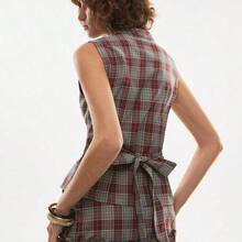 Chaleco casual de mujer de un solo pecho con pliegues a cuadros - Multicolor - Ver 3