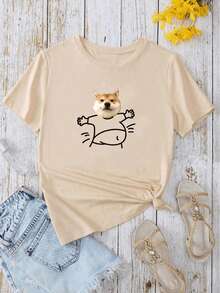 Camisetas de Mujer con Estampado de Cabeza de Perro, Primavera Verano, Casuales, Holgadas, Cuello Redondo, Manga Corta |   Diseño exquisito |   Suelto y cómodo |   Fácil de combinar | - Albaricoque - Ver 1