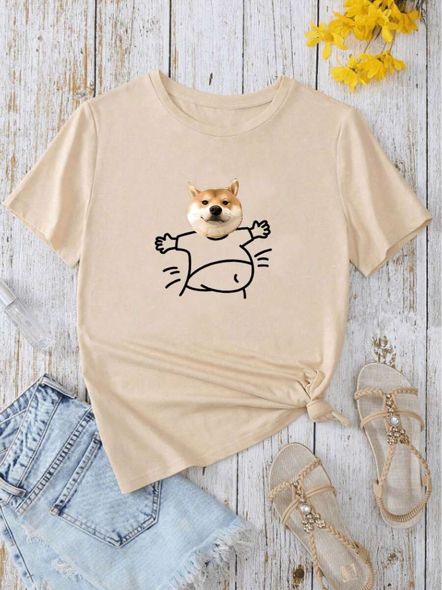 Camisetas de Mujer con Estampado de Cabeza de Perro, Primavera Verano, Casuales, Holgadas, Cuello Redondo, Manga Corta | Diseño exquisito | Suelto y cómodo | Fácil de combinar | - Albaricoque - Ver 1