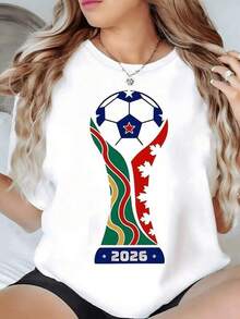 Taza con gráfico que muestra un trofeo de fútbol formado por una pelota azul con estrellas y ondas verdes rojas y doradas que simbolizanón y pasión por el Mundial 2026 camiseta de mujer casual cómoda para fanáticas del fútbol - Negro - Ver 1