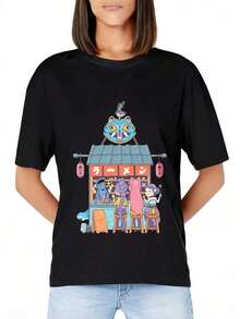 Camiseta de Mujer con Diseño de Gato de Dibujos Animados, Temática de Comida Callejera Japonesa, Ropa Casual de Verano, Regalo para Amantes del Anime |   Diseño exquisito |   Suelto y cómodo |   Fácil de combinar | - Negro - Ver 2