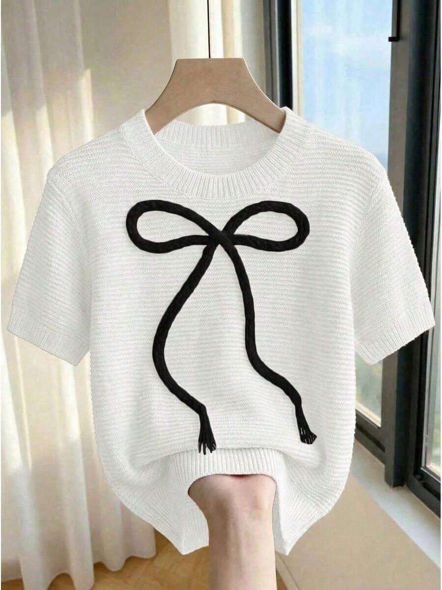 2026Franclia New Women's Sweet And Cute Pink Casual Knit Sweater With Bow, Short Sleeve Baby Pink Bow Blouse For Spring/Summer, Cute Knit Blouses With Bow For Women - 白色的 - 查看 1