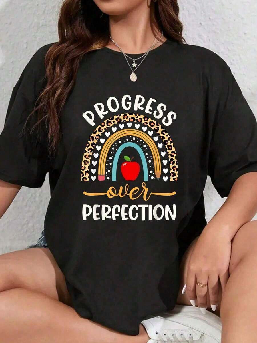 Camiseta 100% Algodón con Estampado de Leopardo, Diseño 'Progreso Sobre la Perfección', para Maestros y Directores Escolares, para Hombre y Mujer, Suave y Transpirable, Estilo Clásico de Moda para Verano - Negro - Ver 1