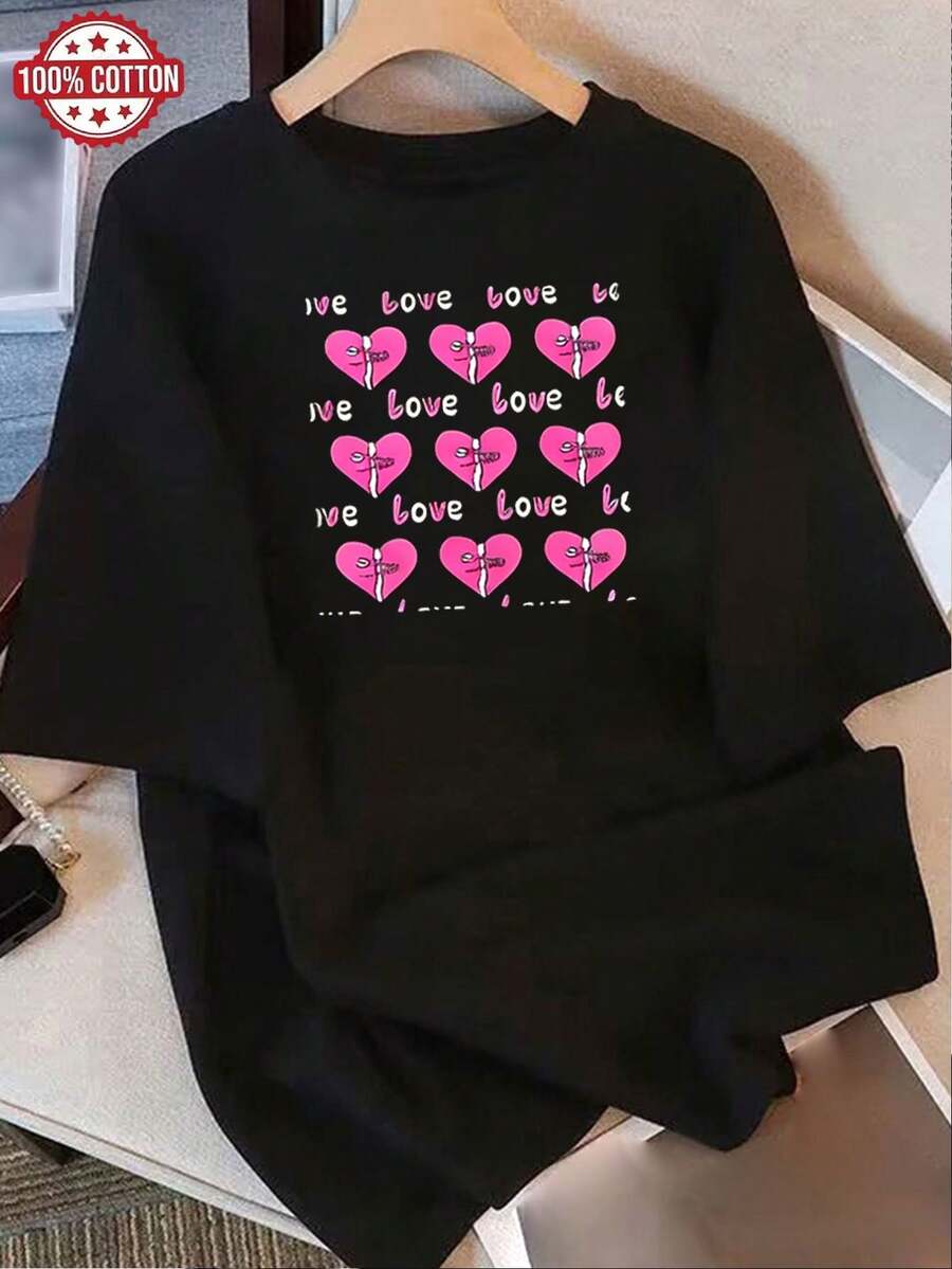 Camiseta de Mujer: Camiseta de Verano Moderna de Algodón Puro, Cuello Redondo Holgado, Ropa Versátil para Mujer, Camiseta Casual Cómoda para Adolescentes, Tops de Manga Corta Vibrantes y Juveniles para Uso Diario. - Negro - Ver 1