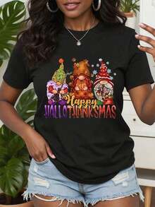 Camiseta para amantes de los gnomos Happy Hallothanksmas, Camiseta de Feliz Halloween y Feliz Navidad, Camiseta unisex casual de manga corta con patrón de gnomos, Atuendo para fiestas de Halloween y Navidad, Regalos festivos ideales para todas las temporadas, playeras de mujer - Negro - Ver 7