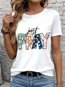 Camiseta de manga corta para mujer, informal, para el hogar y el exterior, con estampado floral 'Just Pray', temática religiosa, suelta, para ocio, vacaciones, fiestas, regalo suave. - Blanco - Ver 1