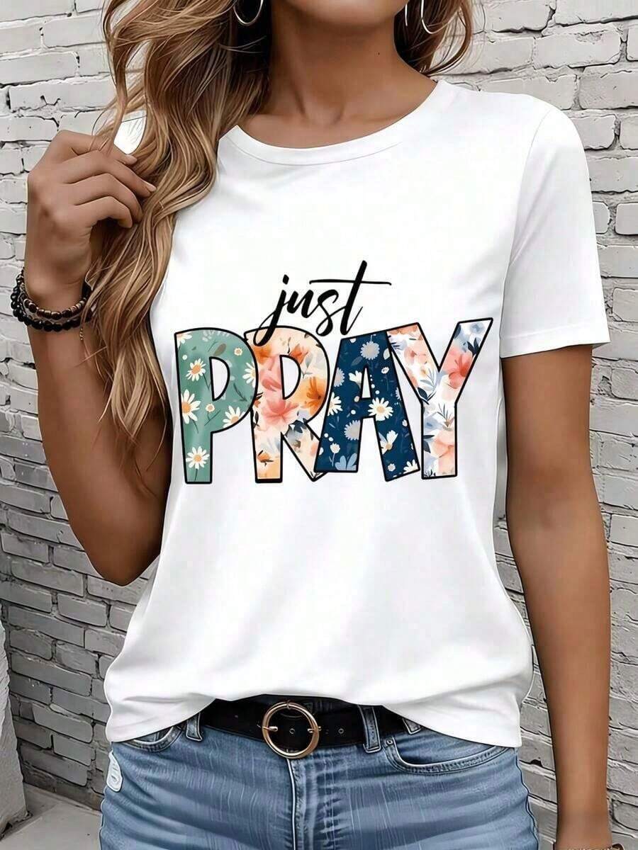 Camiseta de manga corta para mujer, informal, para el hogar y el exterior, con estampado floral 'Just Pray', temática religiosa, suelta, para ocio, vacaciones, fiestas, regalo suave. - Blanco - Ver 1