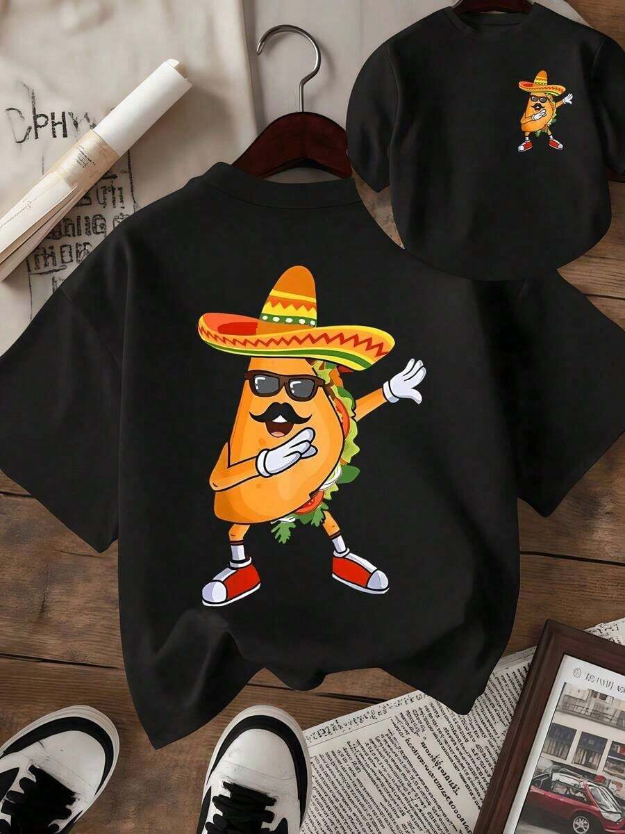 Taco animado con sombrero mexicano gafas y bigote haciendo un gesto divertido que transmite alegría y sabor latino perfecta para los amantes de la cultura mexicana camiseta de mujer casual roja - Negro - Ver 1