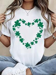 Camiseta con Estampado de Trébol en Forma de Corazón, Negra, para Celebración del Día de San Patricio, Top Casual para Mujer para Ocasiones Festivas - Blanco - Ver 1