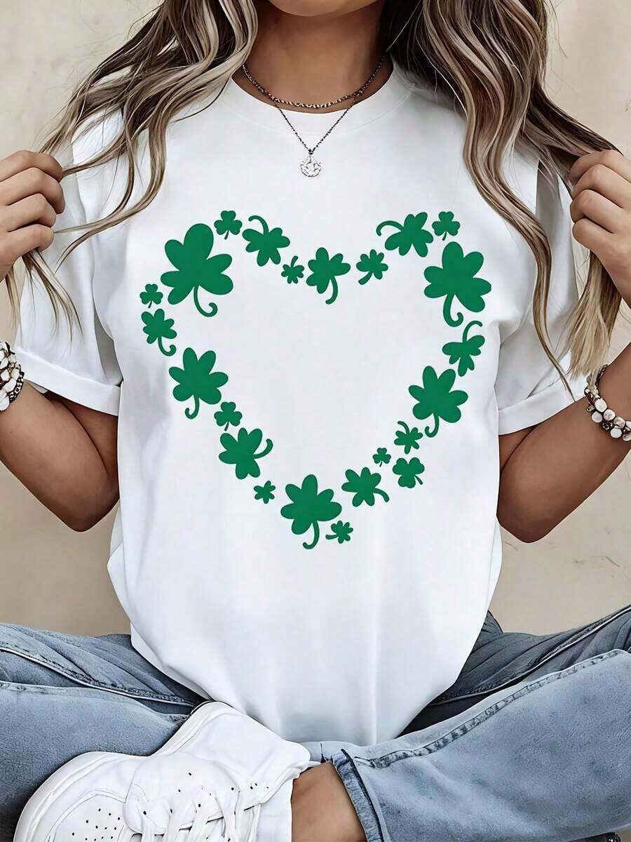 Camiseta con Estampado de Trébol en Forma de Corazón, Negra, para Celebración del Día de San Patricio, Top Casual para Mujer para Ocasiones Festivas - Blanco - Ver 1