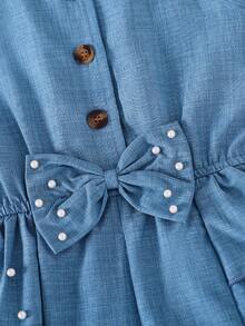 Young Girl' Ruffle Layered Romper, Sleeveless Bow Waist Belt + Pearl Beaded Design, Suitable For Formal Events, Parties, And Daily Wear - Blue - View 6
