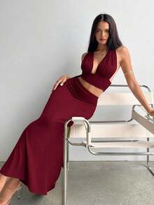 Conjunto de 2 piezas de vestido con escote en V profundo, espalda con pliegues y detalle elegante y sexy, color olivo, conjunto de verano para vacaciones en la playa para mujeres - Burdeos - Ver 2