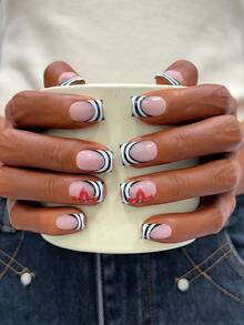 10pcs Y2K Nails Square Press On Nails Set - Handcrafted, Pink Nails, Black Nails, Black French Tip Nails, Handmade 3D Red Flowers Nail Art, Hand Drawn Black And White Stripe French Tip Style Design, Nails Handmade, Sparkling Gold Little Steel Ball Decoration, Delicate Graceful Nails - Perfect For Parties & Casual Attire, Aesthetic - Multicolor - View 2