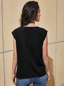 Camisa sin manga escote drapeado unicolor - Negro - Ver 2