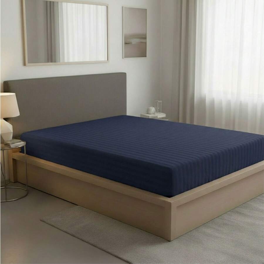 Fitted Sheet With Elastic All Around The Bottom, Cotton-Like Feel, Soft And Cool, Ideal For Spring, Available In Twin, Full, Queen, And King Sizes, Variety Of Colors, Perfect For Modern Bedrooms, Breathable And Comfortable For All Seasons - 藏蓝色 - 查看 1