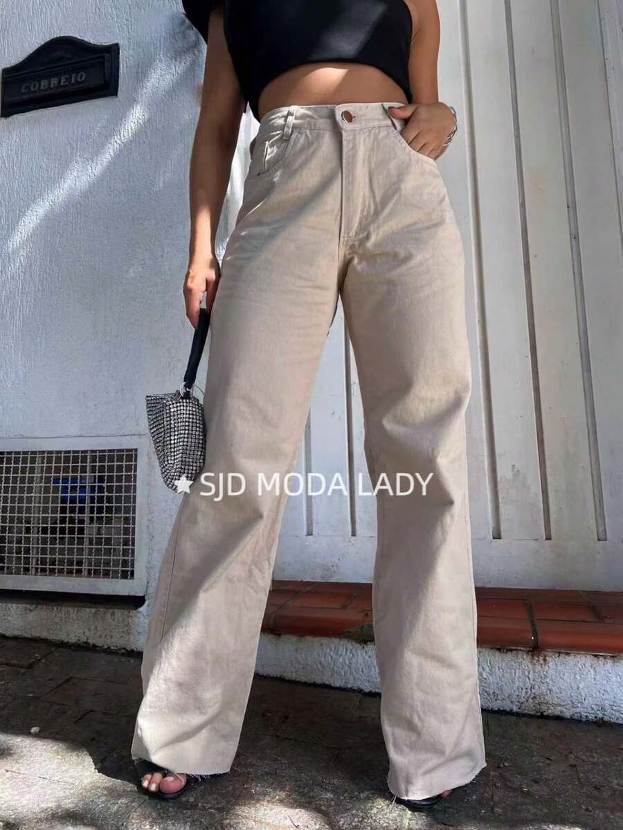 SJD MODA LADY Mom Jeans Wide Leg Simple Casual Pants Without Lycra Hem Cut Ripped - 米色 - 查看 1