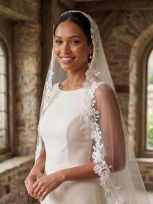 1pc Fingertip Length Pearl Bridal Wedding Veil, White/Ivory Lace Trim Decorated With Comb - Multicolor - View 12