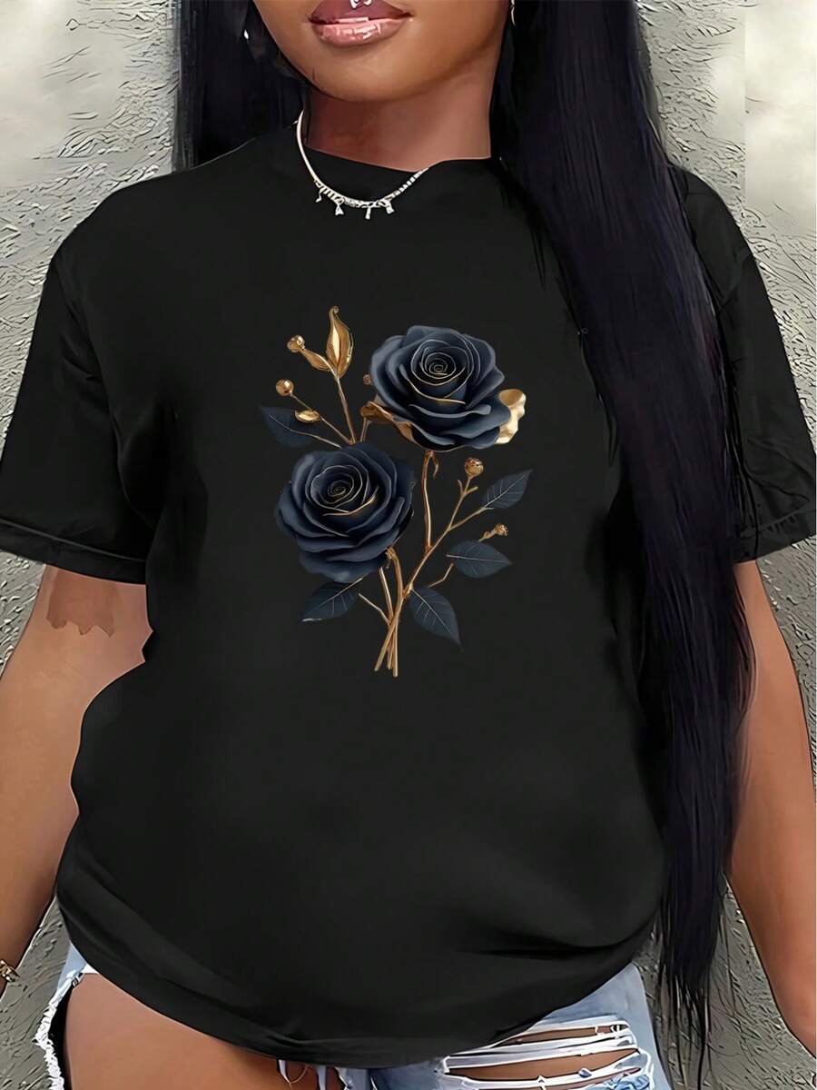 This Lightweight And Durable Short-Sleeved T-Shirt Features A Rose Design, Perfect For Casual Outings At Home Or A Coffee Shop. Designed For Everyday Comfort, It's Made From Soft Fabric And Features Deep Blue Flowers With Gold Accents. - 黑色 - 查看 1