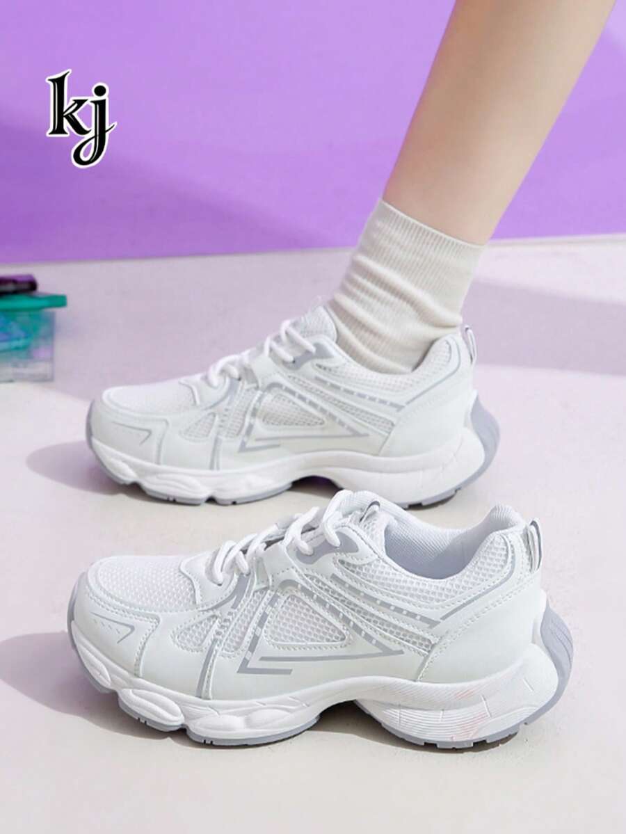 女款休閒運動鞋,白色與灰色,訓練鞋,透氣防滑軟底網布與皮革拼接,反光條,幾何線條 - 白色 - 查看 1