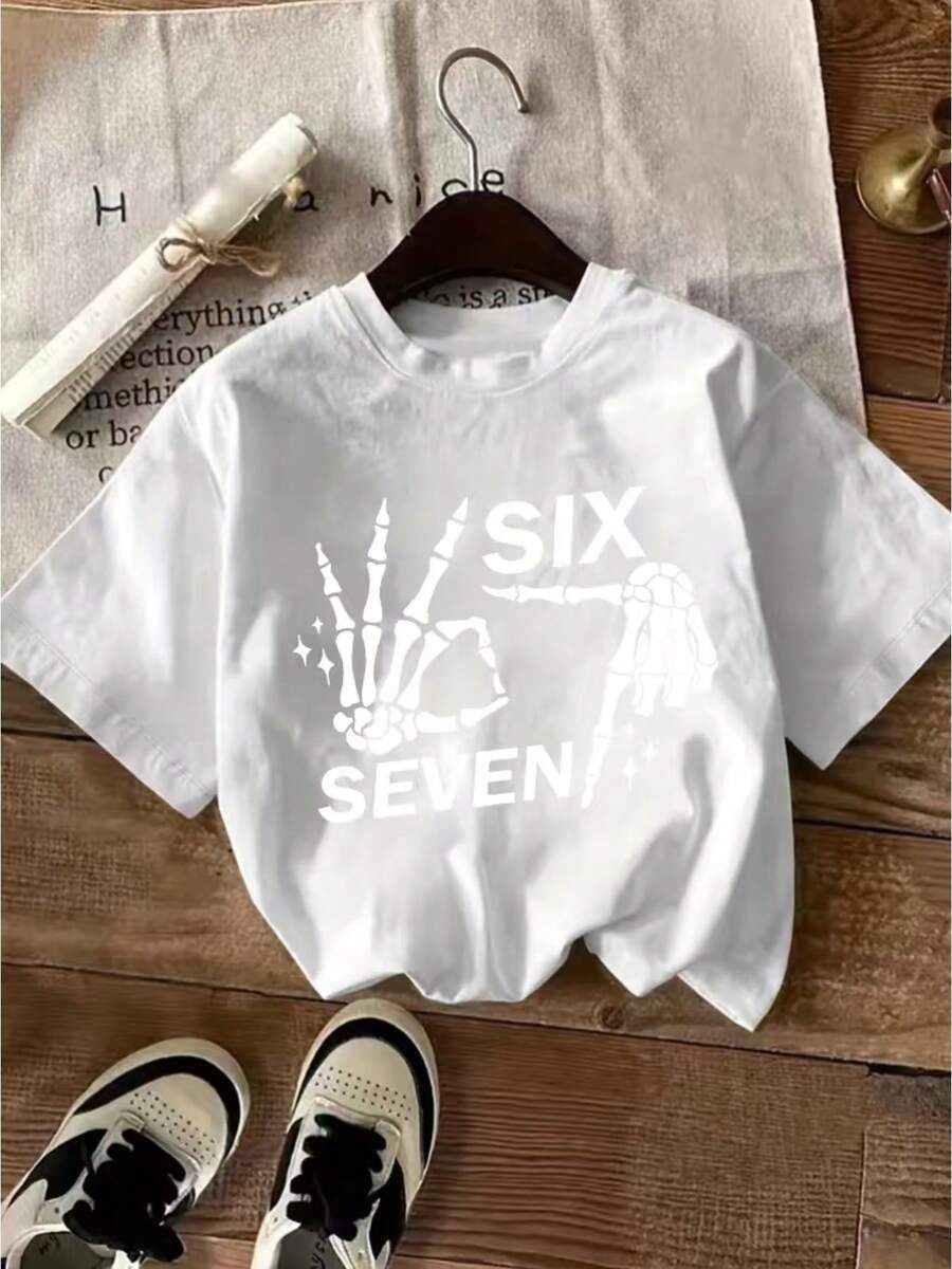 Camiseta casual de manga corta con estampado de calavera y gesto - Blanco - Ver 1