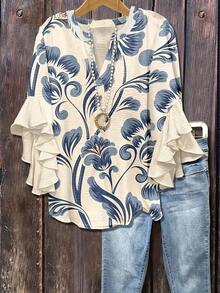 Bohemian Style Vintage Floral Print Blouse, Half-Open Collar Loose Flattering Multi-Layered Ruffle Sleeve Women Shirt Vacation - Blue - View 3