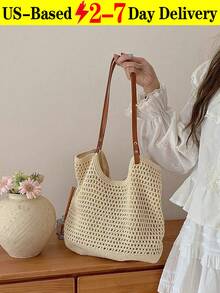 [US-Based Shipping]2026 New Large Capacity Women Tote Bag, Large Capacity Handmade Woven Bag, Women's  New Straw Bag, Beach Vacation Shoulder Bag, Commuter Tote Bag, Extra LargeVersatile Shoulder Beach Holiday Straw Woven Commute Handbag, Beach Purse, Perfect For Summer, Vacation & Daily Use, Travel Must Haves, Beach Necessities, Beach Essentials,Beach Stuff & Summer Essentials, Newest Holiday Bag, Hottest Beach Bags,Beige Hollow Out Crochet Tote Bag Large Capacity PU Strap Shoulder Bag For Women Summer Beach Vacation Daily Use,Boho Style Beige Knitted Tote Bag Hollow Out Design Large Capacity Handbag For Women 2026  Summer Beach Bag Daily Commute - 彩色 - 查看 12