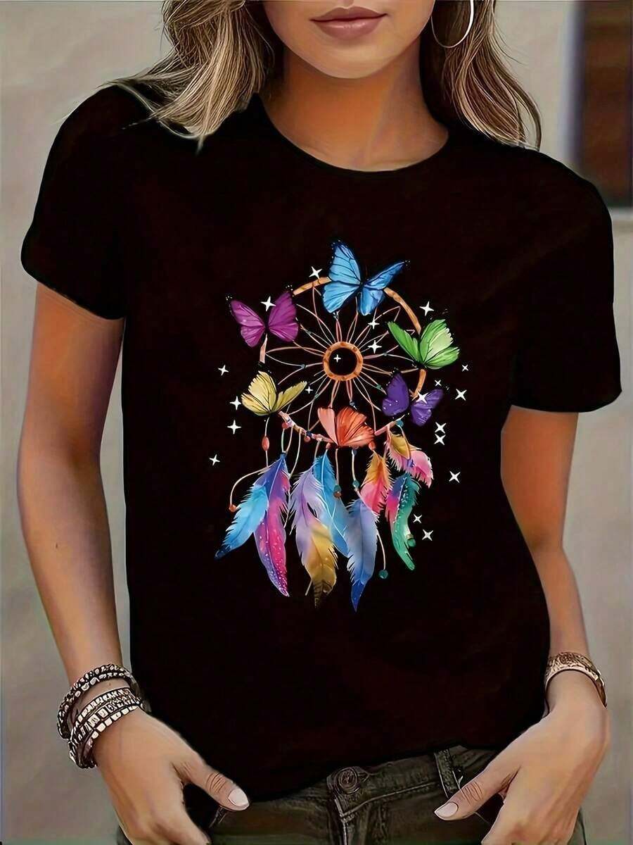 Camiseta Y2K con diseño exclusivo de mariposas y atrapasueños coloridos ideal para lucir en cualquier ocasión pieza única y original para amantes de la moda contemporánea. Perfecta para mostrar tu estilo y personalidad mientras destacas entre la multitud. - Negro - Ver 1