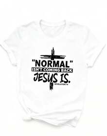 Artículo de moda: 3 camiseta casual de manga corta para mujer, camiseta con el estampado "Normal no vuelve, Jesús sí", camiseta de manga corta con cuello redondo para mujer, top deportivo casual transpirable de algodón puro, regalo para vacaciones, camiseta de primavera con diseño de mariposa para Pascua, camiseta para mujer. - Blanco - Ver 2