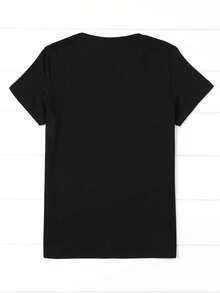 Women's T-shirt Top de manga corta para mujer con estampado temático de libros y cuello redondo ajustado. - Negro - Ver 2